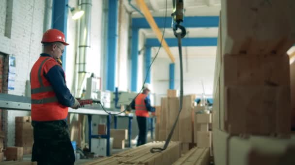 Factory workers in the premises of a woodworking plant — Stock Video