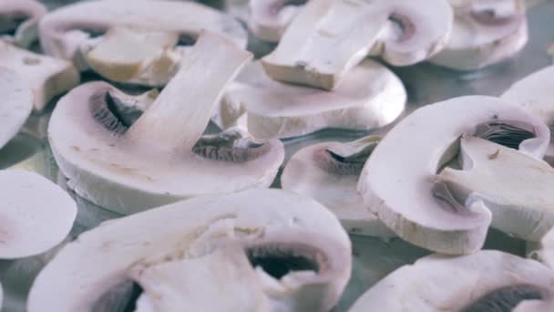 Witte champignons gesneden op een dienblad. — Stockvideo