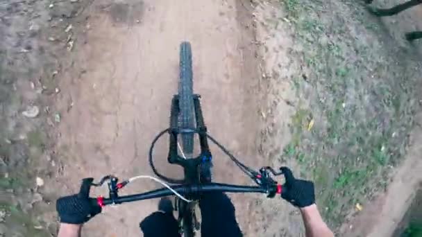 Vue à la première personne d'un vélo conduit par un motard — Video