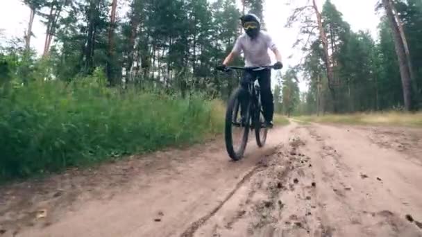 Camino del bosque con un ciclista montando un vehículo — Vídeos de Stock