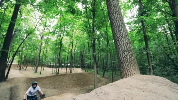 Ciclista está fazendo uma acrobacia na floresta em câmera lenta — Vídeo de Stock