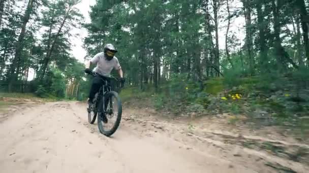 Radfahrer mit Helm fährt durch den Wald — Stockvideo