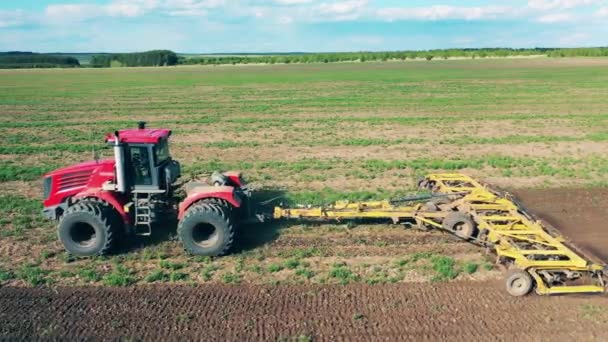 Een tractor rijdt op een veld, ploegt het. — Stockvideo