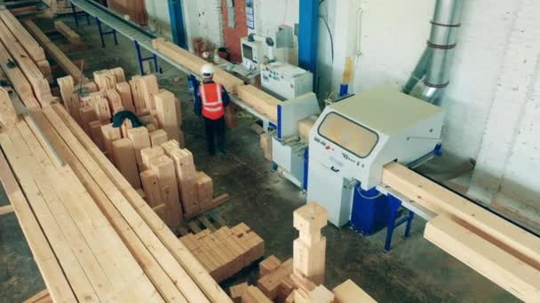 Un hombre trabaja en instalaciones de carpintería con madera. — Vídeos de Stock