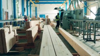 İnsanlar ahşap fabrikasında keresteyle çalışıyorlar..