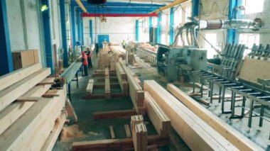 Üniformalı insanlar ahşap fabrikasında çalışıyor..