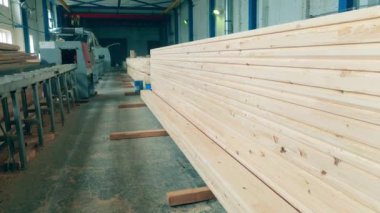Ahşap fabrikasında ahşap tahtalar yığılmış..