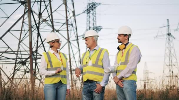 Energiearbeiders hebben het over plannen in het veld met elektrische torens — Stockvideo