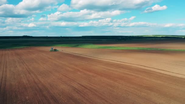 Tractor trabaja en un gran campo, preparando el suelo para la siembra. — Vídeos de Stock