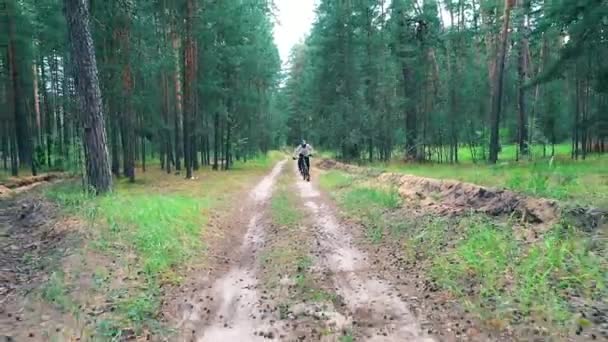 Ormanı yüksek hızla geçen bisikletçinin ön görüntüsü. — Stok video