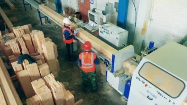 Marangozluk tesisinde fabrika işçileri.