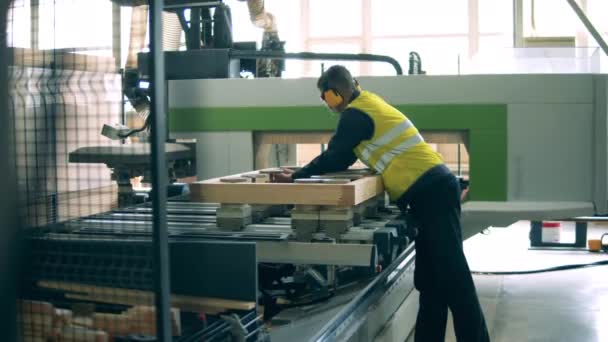 Trabajador masculino está ajustando una máquina para procesar madera — Vídeos de Stock