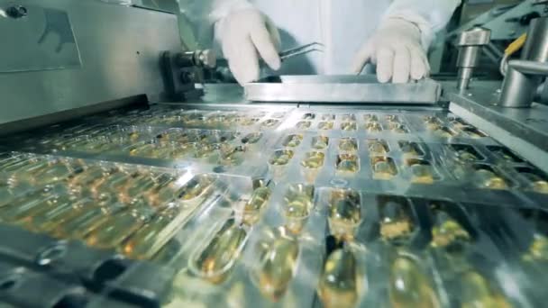 Lotes de pastillas se están moviendo a lo largo del transportador de fábrica — Vídeos de Stock