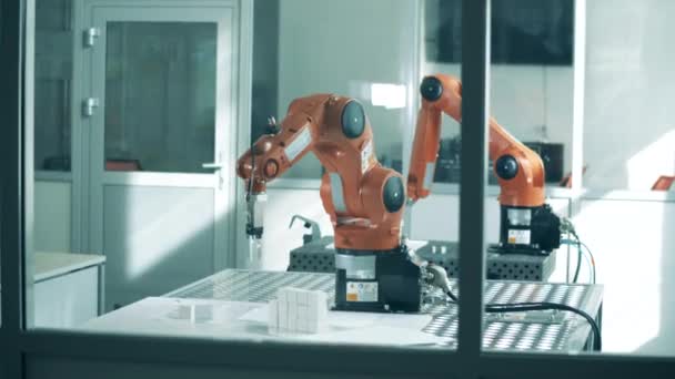Moderne robotarmen werken in de faciliteit. — Stockvideo