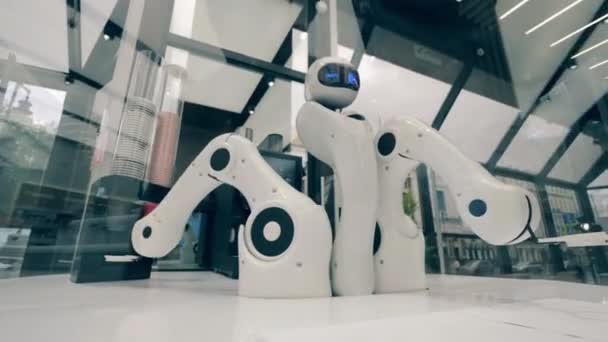 Innovación, concepto tecnológico moderno. Robot mueve sus brazos en una cafetería — Vídeo de stock