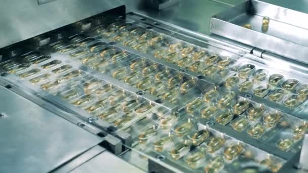 Пухирі з капсулами риб'ячого жиру рухаються вздовж заводського конвеєра — стокове відео