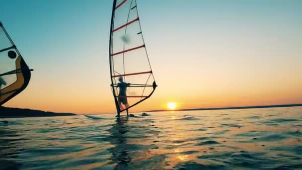 Tavola a vela con gli uomini su di loro che navigano lungo il lago — Video Stock