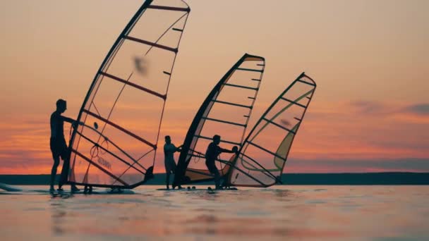 Grupp av män använder segelbräda för att flyta i sjön — Stockvideo