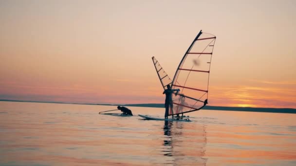 Een groep windsurfers met een van hen die weer opstaat — Stockvideo