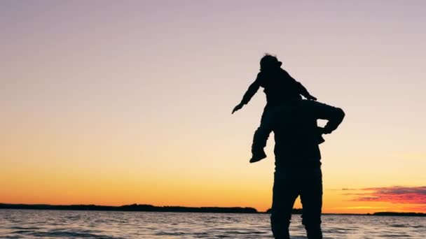 Un padre se está divirtiendo con su hijo en la orilla — Vídeos de Stock