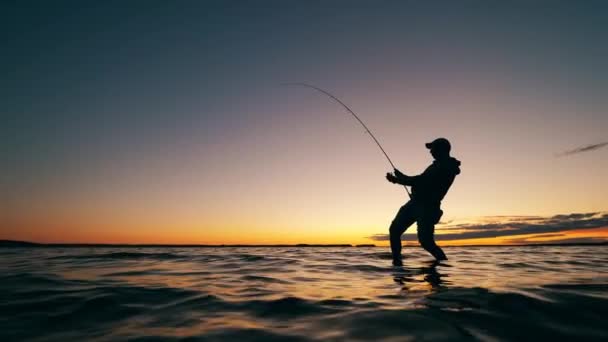 Un homme utilise une canne à pêche pendant la pêche la nuit — Video