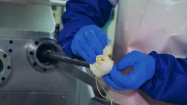 Kovan işçilerin kontrolü altında etle doluyor.