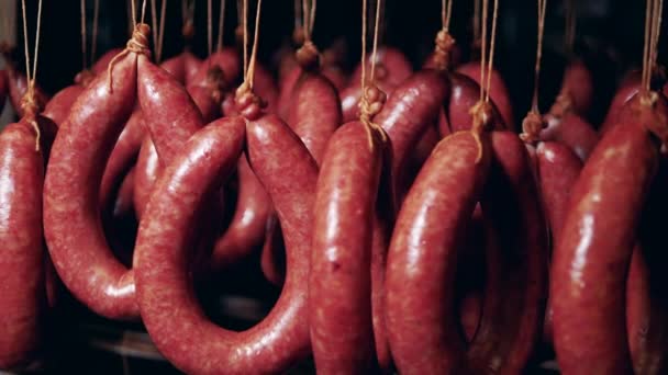 Réfrigérateur d'usine avec des saucisses fumées conservées dedans — Video