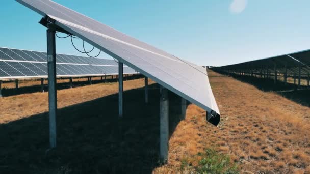 Ряды солнечных батарей, расположенных на солнечной электростанции. — стоковое видео