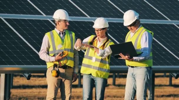 Mühendisler güneş enerjisiyle ilgili bir projeyi tartışıyorlar. Yenilenebilir enerji, güneş santrali, yeşil elektrik kavramı. — Stok video