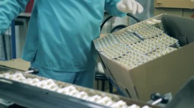 Laboratuvar çalışanı kapsülleri bir kutuya koyar..