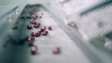 Karanlık kapsüller laboratuardaki bir taşıyıcıya düşer. Bir ilaç tesisinde ilaç üretim hattı..