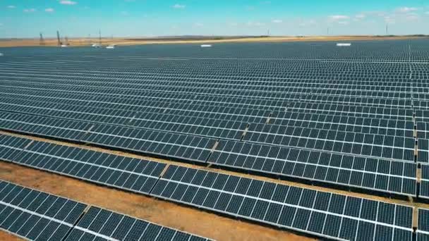 Un montón de paneles solares en el campo disparados desde arriba. Paneles solares modernos, producción ecológica de energía amigable. — Vídeos de Stock