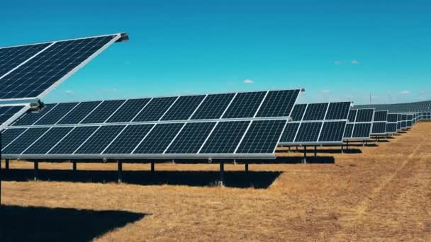 Встановлення сонячних батарей, розташованих у полі — стокове відео