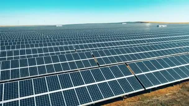 Baterías solares instaladas en filas en un campo. Paneles solares modernos, producción ecológica de energía amigable. — Vídeos de Stock