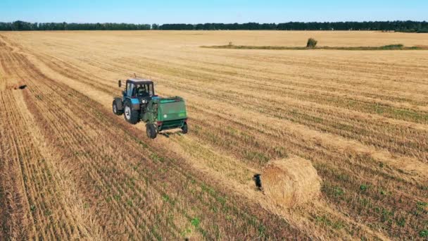 Tracteur roule le long du terrain avec une pile de foin dessus — Video