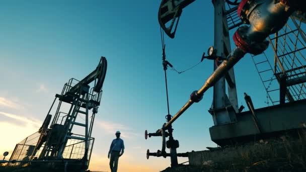 Trabajador petrolero inspeccionando dos tomas de bomba de petróleo crudo — Vídeos de Stock