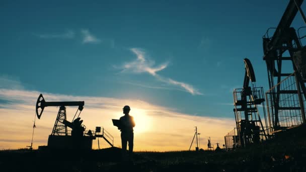 Працівник нафти йде через нафтове поле зі своїм ноутбуком. Концепція цін на нафту та нафту . — стокове відео