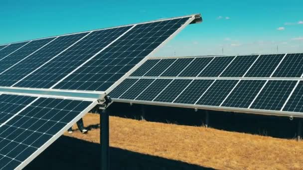 La granja solar está siendo inspeccionada por un especialista masculino. Ahorro de energía, eficiencia energética, concepto de energía renovable. — Vídeos de Stock