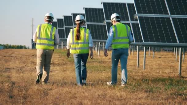 Słoneczna elektrownia i grupa inżynierów spacerująca wzdłuż niej — Wideo stockowe
