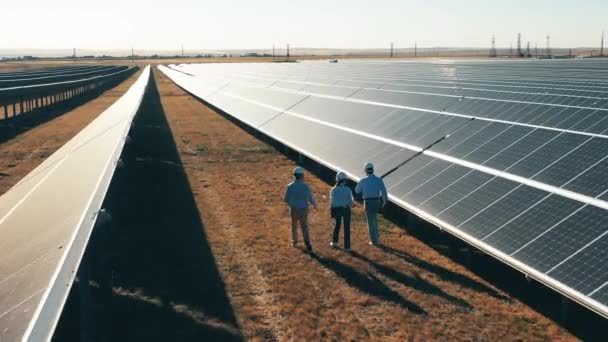 Müfettişlerden oluşan bir ekip güneş panelleri arasında yürüyor. Güneş enerjisi santralinde çalışan profesyonel mühendisler.. — Stok video
