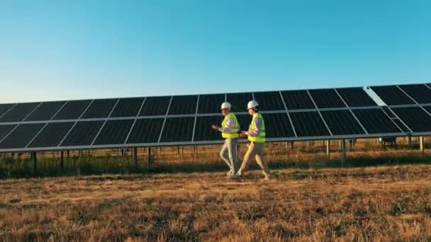 Dos inspectores caminan por las baterías fotovoltaicas — Vídeo de stock