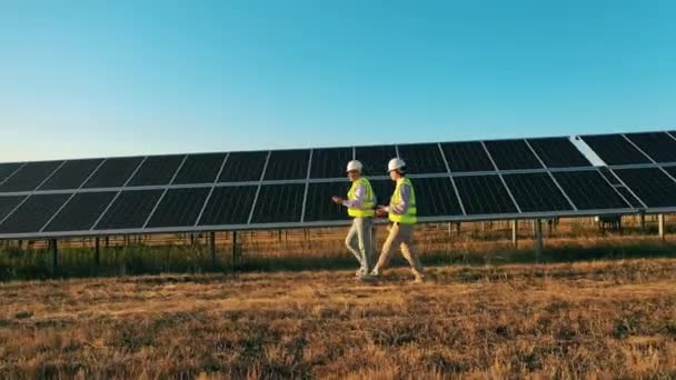 Dwóch inspektorów idzie wzdłuż baterii fotowoltaicznych. — Wideo stockowe