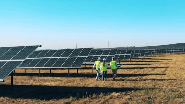 Güvenlik müfettişleri güneş enerjisi santralindeki fotovoltaik güç alanı boyunca yürüyorlar.. — Stok video