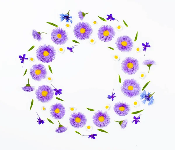 Corona Floral Hecha Flores Violetas Manzanilla Sobre Fondo Blanco Acostado — Foto de Stock