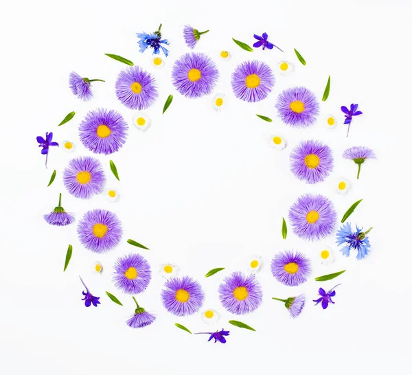 Corona Floral Hecha Flores Violetas Manzanilla Sobre Fondo Blanco Acostado — Foto de Stock