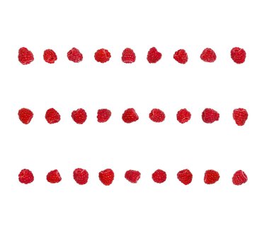 Ahududu beyaz arka plan üzerinde izole satırlar halinde yerleştirilmiş. Üstten görünüm. Düz yatıyordu