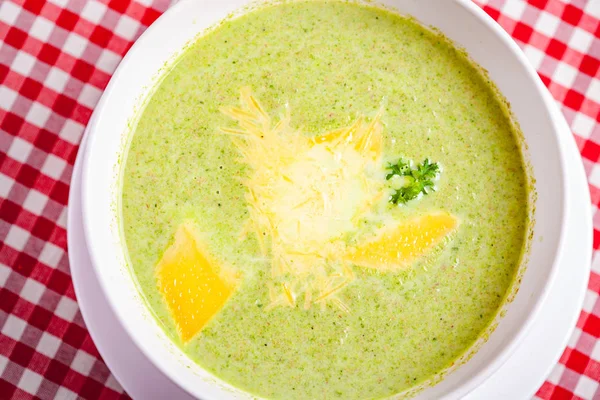Broccoli cream soup with cheese in white bowl. Close up — Stock Image Broccoli Cream Soup Cheese White Bowl Close Stock Photo