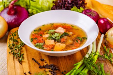 Çorbası ile somon, sebze ve baharat beyaz plaka