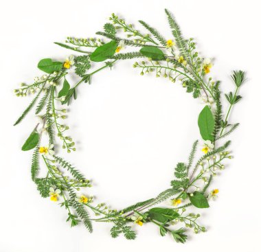 Yuvarlak kare çelenk bahar çiçekleri ve yaprakları beyaz arka plan üzerinde izole yapılmış. Düz yatıyordu. Üstten Görünüm.