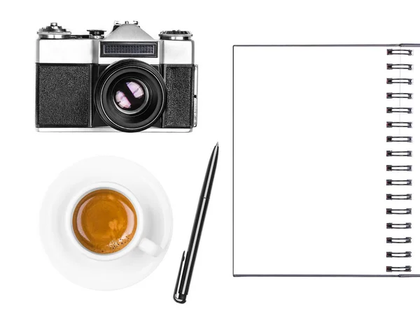 Vintage Retro Photo Camera Coffee Cup Notepad Pen Isolated White — Stock Photo, Image